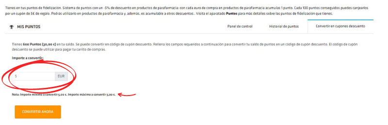 convertir puntos a cupón