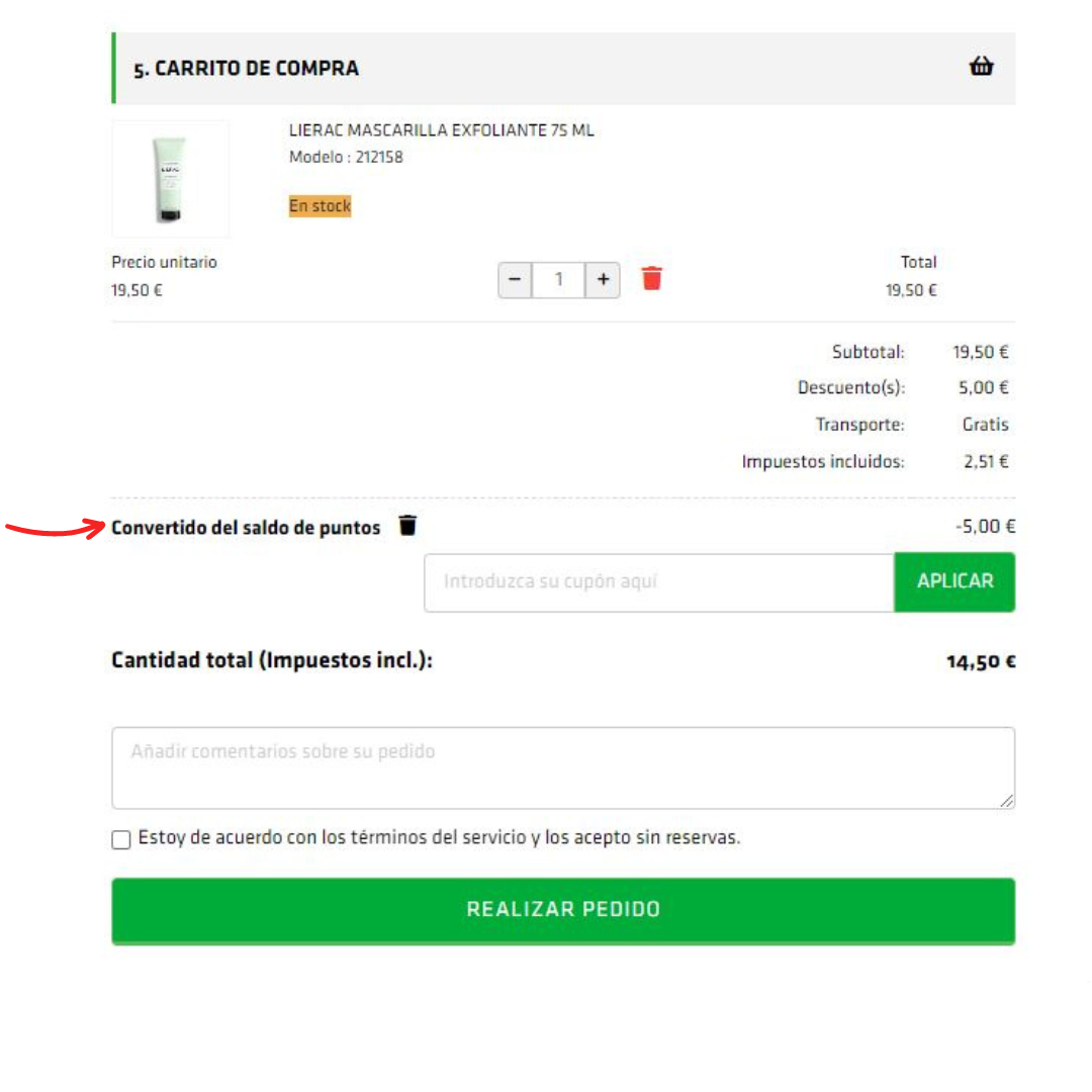 aplicar cupon puntos en tu carrito de compra